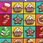 Farverigt gitter med juletema, der viser småkager formet som støvler, slikstokke, stjerner, peberkagehuse, træer og kager