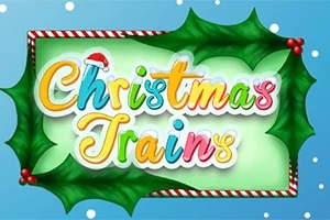 Farverig tekst Christmas Trains omgivet af kristtjørnblade og snefnug