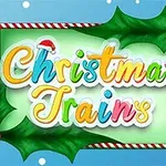 Farverig tekst Christmas Trains omgivet af kristtjørnblade og snefnug