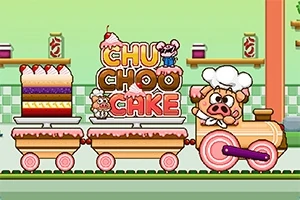 Tegneseriemaskine formet som et tog med en kage og ordet Chu Choo Cake, pyntet med en tegnet gris som bager