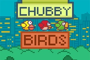 Tre farverige pixelated fugle flyver foran en bysilhuet med teksten Chubby Birds i baggrunden