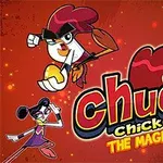Tegneseriefigurer, inklusive en kylling og to andre karakterer, med teksten Chuck Chicken: The Magic Egg på en rød baggrund