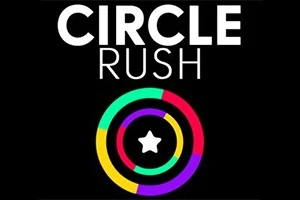 Tekst Circle Rush over en flerfarvet cirkel med en stjerne i midten på sort baggrund