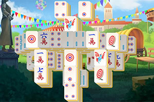 Mahjong-brikker stablet i et komplekst mønster mod en farverig baggrund med bannere og bygninger