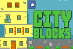 Gul bygning med orange vinduer ved siden af teksten City Blocks i store grønne bogstaver på blå baggrund