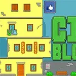 Gul bygning med orange vinduer ved siden af teksten City Blocks i store grønne bogstaver på blå baggrund