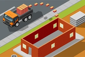 En lastbil parkerer ved siden af en murstensbygning under konstruktion med mursten, der ligger langs vejen