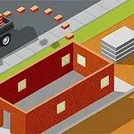 En lastbil parkerer ved siden af en murstensbygning under konstruktion med mursten, der ligger langs vejen