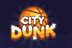 Et logo med teksten City Dunk foran en illustration af en basketball med stjernelys i et mørkt tema