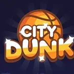 Et logo med teksten City Dunk foran en illustration af en basketball med stjernelys i et mørkt tema