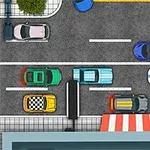 Flere farverige biler parkeret i et trafiklayout set ovenfra med gader og fortove