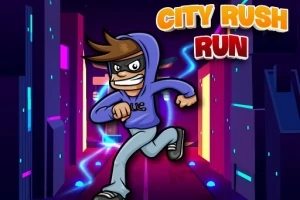 En tegneseriefigur med hættetrøje og maske løber gennem en neonbelyst by med teksten City Rush Run øverst