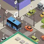 Billedet viser en travl bykrydsning med biler, en bus og en politibil, alle med WiFi-signaler, omgivet af træer og bygninger