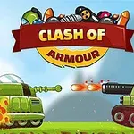 To kampvogne i kamp, der skyder mod hinanden med et banner ovenfor med teksten Clash of Armour