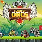 Tegneserieagtige orker med våben står foran et banner med teksten Clash of Orcs, omgivet af grønne landskaber og kanoner
