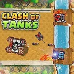 Tegnet tanks og eksplosioner på en bro over en flod med teksten Clash of Tanks i venstre hjørne