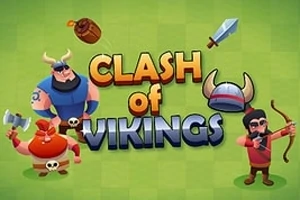 Tegneserieillustration af tre vikinger med våben, en økse, en hjelm og en bue, mod en grøn baggrund