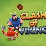 Tegneserieillustration af tre vikinger med våben, en økse, en hjelm og en bue, mod en grøn baggrund
