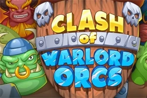 En farverig illustration med en stor træskjold i baggrunden, hvor teksten Clash of Warlord Orcs er skrevet i gul og blå, omgivet af forskellige fantasifigurer