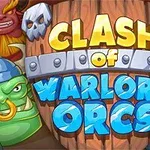 En farverig illustration med en stor træskjold i baggrunden, hvor teksten Clash of Warlord Orcs er skrevet i gul og blå, omgivet af forskellige fantasifigurer