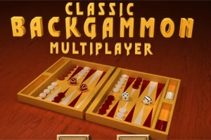 Et klassisk backgammon-bræt med brikker og terninger vises på et træbord