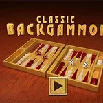 Et åbent backgammonbræt med spillebrikker og terninger på et træbord, med teksten Classic Backgammon øverst og en play-knap nederst