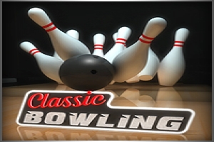 En sort bowlingkugle rammer hvide kegler med røde striber, med teksten Classic Bowling under