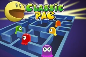 En gul smiley-formet figur og farverige spøgelser i en blå labyrint ved siden af teksten Classic Pac