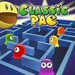 En gul smiley-formet figur og farverige spøgelser i en blå labyrint ved siden af teksten Classic Pac