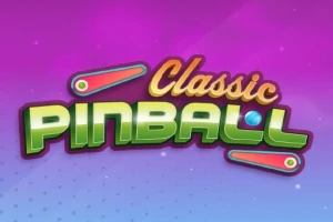 Tekst Classic Pinball i farverige bogstaver med pinball-flippermotiver på en lilla og blå baggrund