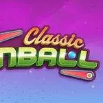 Tekst Classic Pinball i farverige bogstaver med pinball-flippermotiver på en lilla og blå baggrund