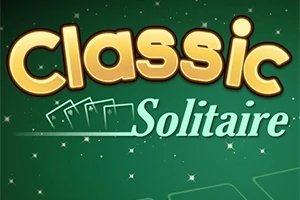 Teksten Classic Solitaire er vist med et grønt baggrund og stjerner samt simple kortillustrationer