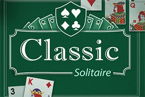 Grønt skilt med tekst Classic Solitaire omgivet af spillekortillustrationer