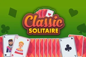 Kortspil med ordet Classic Solitaire og en række spillekort på en grøn baggrund