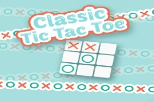 Kryds og bolle-bræt med tekst Classic Tic Tac Toe øverst og mønster af krydser og bolde i baggrunden