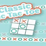 Kryds og bolle-bræt med tekst Classic Tic Tac Toe øverst og mønster af krydser og bolde i baggrunden