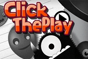 Farverige tekst med ordene Click The Play over et sort-hvidt baggrundsbillede med glade ansigter og figurer