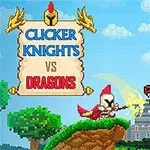 En ridder kæmper mod en drage i et pixeleret landskab med blå himmel og skyer