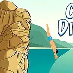 En tegning af en person, der udfører et hovedspring fra en klippe ved havet med teksten Cliff Diving i baggrunden
