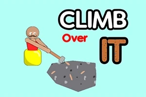 Tegning af en mand i en gryde med en hammer, der klatrer over en klippe, med teksten CLIMB Over IT på blå baggrund