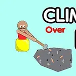Tegning af en mand i en gryde med en hammer, der klatrer over en klippe, med teksten CLIMB Over IT på blå baggrund