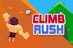 En animeret figur med et pandebånd kravler op ad en stejl bakke, ved siden af teksten CLIMB RUSH