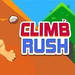 En animeret figur med et pandebånd kravler op ad en stejl bakke, ved siden af teksten CLIMB RUSH