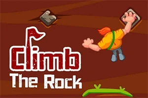 Mand med orange hår klatrer op en væg med klipper, iført en gul trøje og blå bukser, med titlen Climb The Rock i venstre side