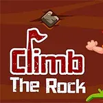 Mand med orange hår klatrer op en væg med klipper, iført en gul trøje og blå bukser, med titlen Climb The Rock i venstre side