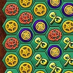 Farverigt mønster med hexagonale felter, der indeholder nøgler, tandhjul og dekorative symboler på en grøn baggrund