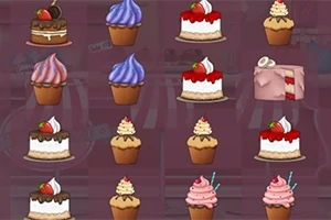Coco in Cakeland Kager og cupcakes i forskellige designs og farver arrangeret i et gittermønster på en lilla baggrund