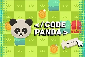 En grafik med en panda-emoji, teksten , mønter, en skattekiste og en pil med teksten WEST på en grøn ternet baggrund