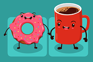 En tegneserieagtig lyserød donut med glasur og en rød kaffekop med ansigter og arme, der holder hinanden i hånden, på en turkis baggrund