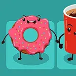 En tegneserieagtig lyserød donut med glasur og en rød kaffekop med ansigter og arme, der holder hinanden i hånden, på en turkis baggrund